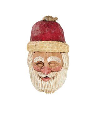 Hand Carved Wooden Santa Claus Face Ornament Rope Hanger Signed Folk Art Rustic